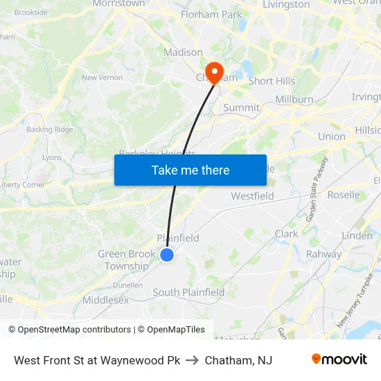 West Front St at Waynewood Pk to Chatham, NJ map
