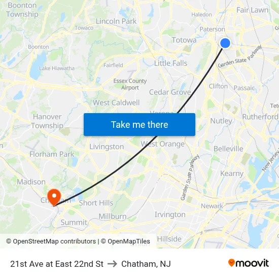 21st Ave at East 22nd St to Chatham, NJ map