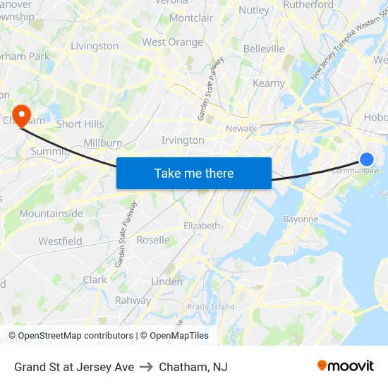 Grand St at Jersey Ave to Chatham, NJ map
