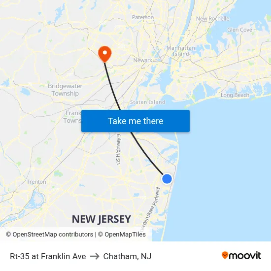 Rt-35 at Franklin Ave to Chatham, NJ map