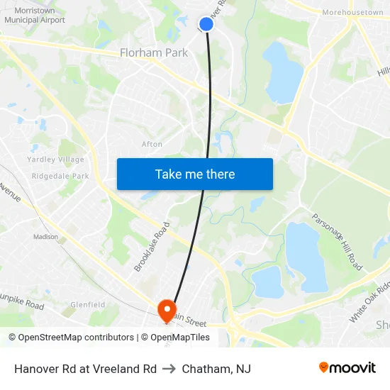 Hanover Rd at Vreeland Rd to Chatham, NJ map