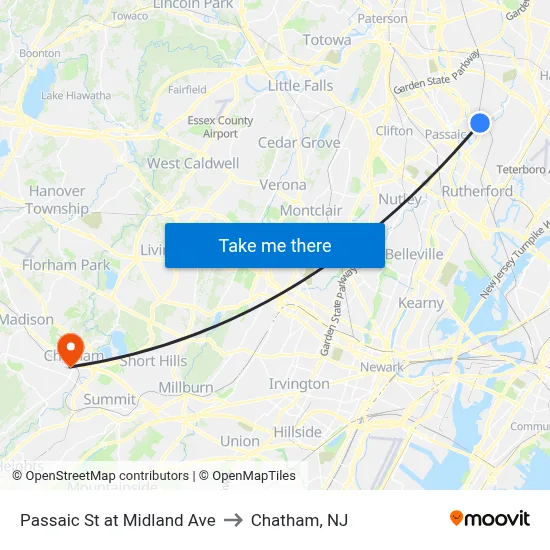 Passaic St at Midland Ave to Chatham, NJ map