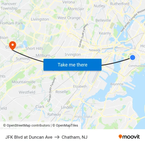 JFK Blvd at Duncan Ave to Chatham, NJ map