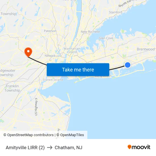 Amityville LIRR (2) to Chatham, NJ map