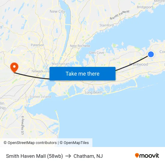 Smith Haven Mall (58wb) to Chatham, NJ map