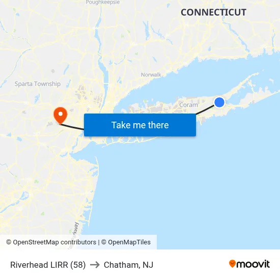 Riverhead LIRR (58) to Chatham, NJ map