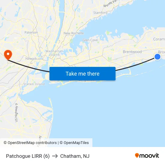 Patchogue LIRR (6) to Chatham, NJ map