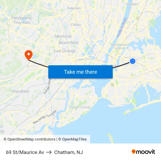 69 St/Maurice Av to Chatham, NJ map
