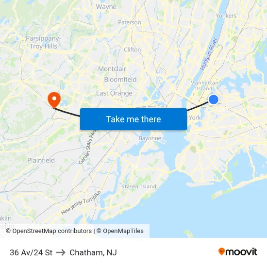 36 Av/24 St to Chatham, NJ map