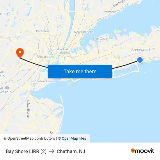 Bay Shore LIRR (2) to Chatham, NJ map