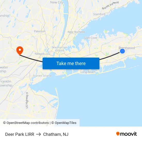 Deer Park LIRR to Chatham, NJ map