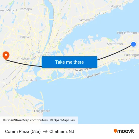 Coram Plaza (52a) to Chatham, NJ map