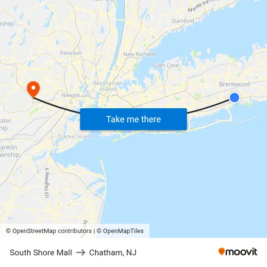 South Shore Mall to Chatham, NJ map