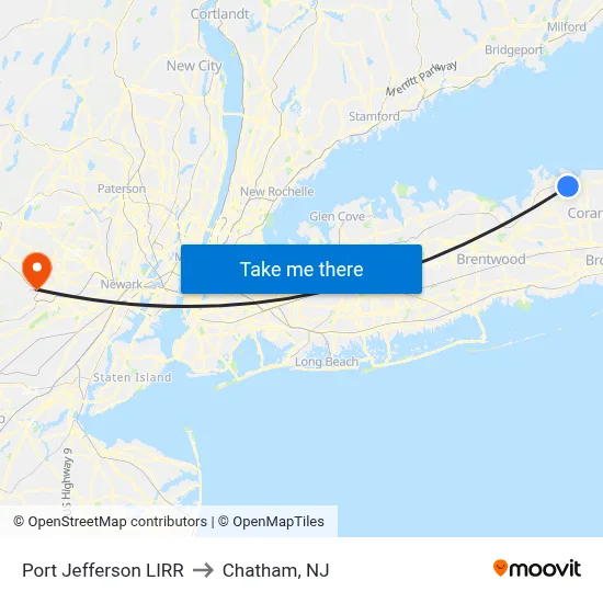 Port Jefferson LIRR to Chatham, NJ map