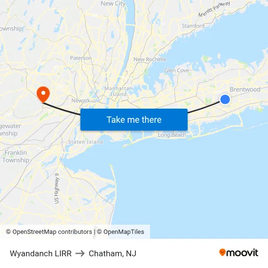 Wyandanch LIRR to Chatham, NJ map