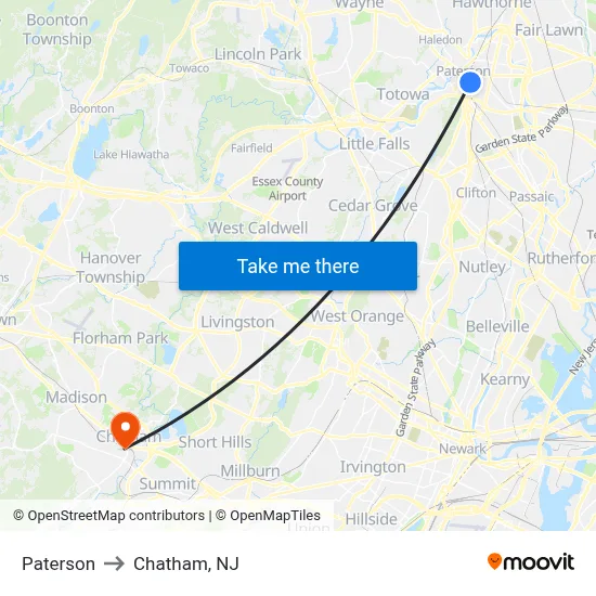 Paterson to Chatham, NJ map