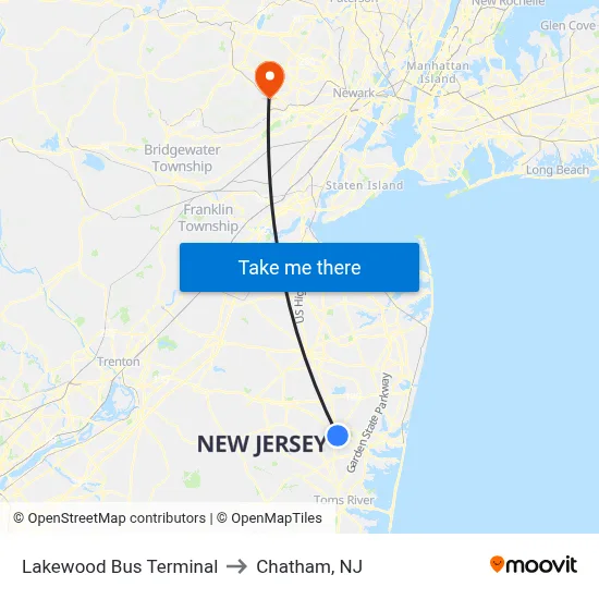 Lakewood Bus Terminal to Chatham, NJ map