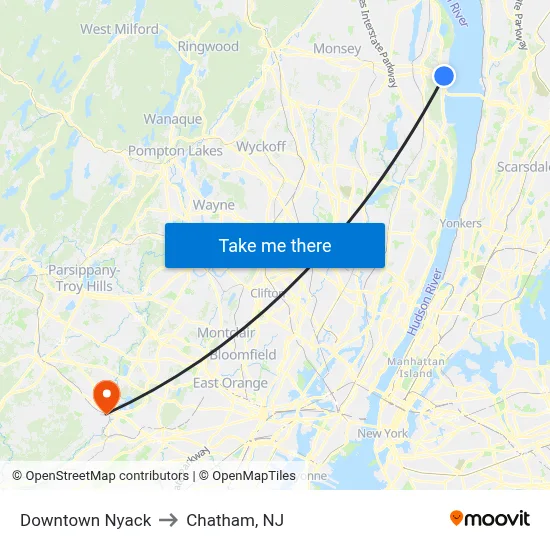 Downtown Nyack to Chatham, NJ map