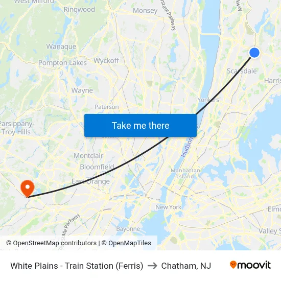 White Plains - Train Station (Ferris) to Chatham, NJ map