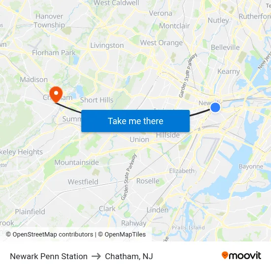 Newark Penn Station to Chatham, NJ map