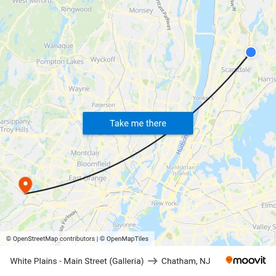 White Plains - Main Street (Galleria) to Chatham, NJ map