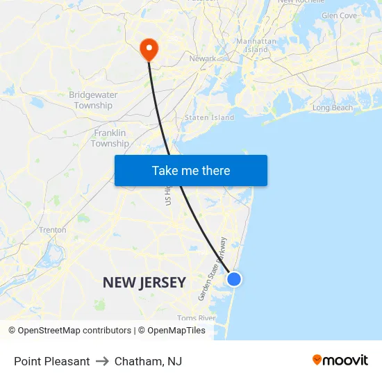 Point Pleasant to Chatham, NJ map