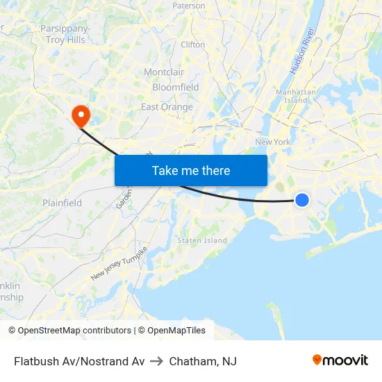 Flatbush Av/Nostrand Av to Chatham, NJ map