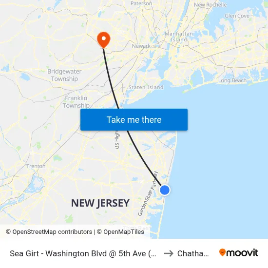 Sea Girt - Washington Blvd @ 5th Ave (Northbound) to Chatham, NJ map