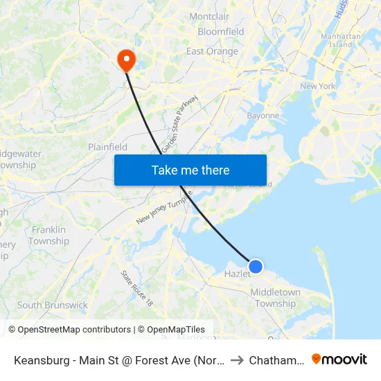 Keansburg -  Main St @ Forest Ave (Northbound) to Chatham, NJ map