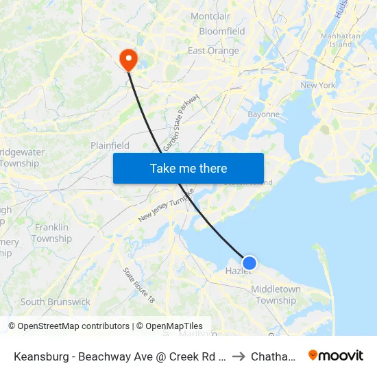 Keansburg -  Beachway Ave @ Creek Rd (Northbound) to Chatham, NJ map