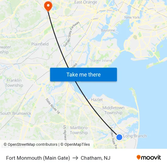 Fort Monmouth (Main Gate) to Chatham, NJ map