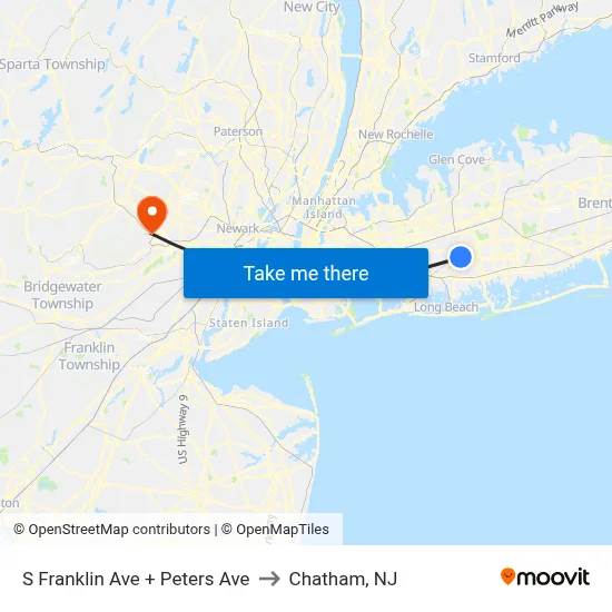 S Franklin Ave + Peters Ave to Chatham, NJ map