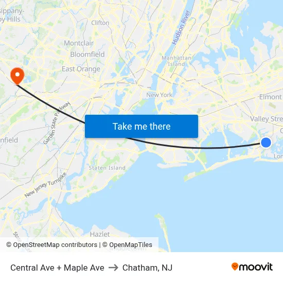Central Ave + Maple Ave to Chatham, NJ map
