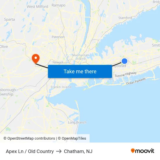 Apex Ln / Old Country to Chatham, NJ map