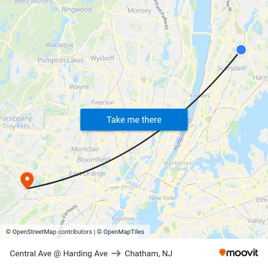 Central Ave @ Harding Ave to Chatham, NJ map