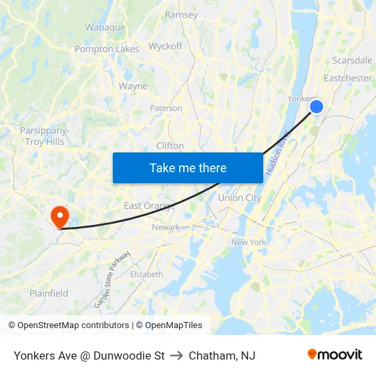 Yonkers Ave @ Dunwoodie St to Chatham, NJ map