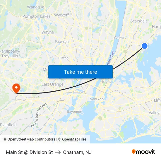 Main St @ Division St to Chatham, NJ map