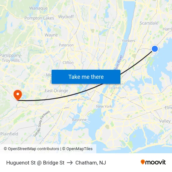 Huguenot St @ Bridge St to Chatham, NJ map