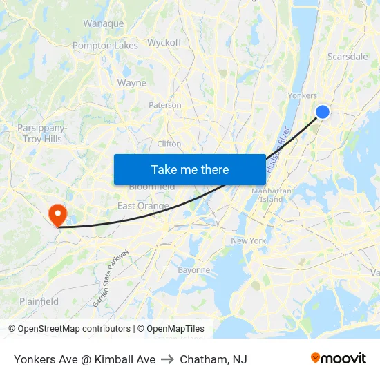 Yonkers Ave @ Kimball Ave to Chatham, NJ map