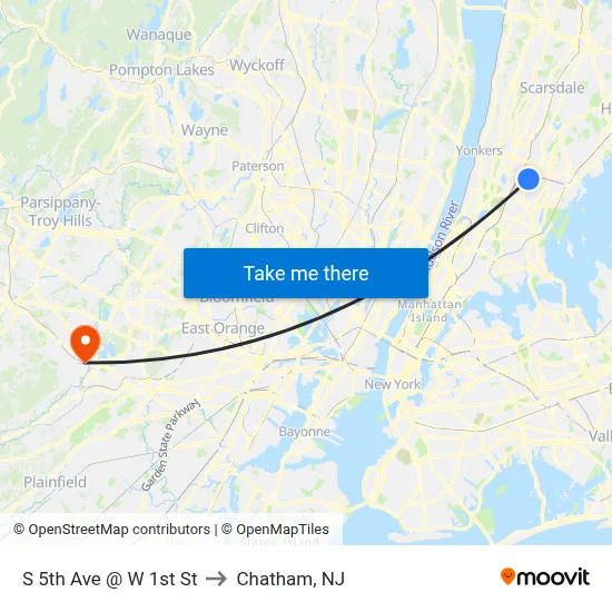 S 5th Ave @ W 1st St to Chatham, NJ map