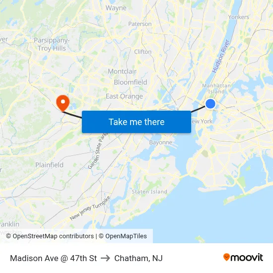 Madison Ave @ 47th St to Chatham, NJ map