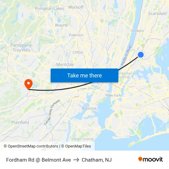Fordham Rd @ Belmont Ave to Chatham, NJ map