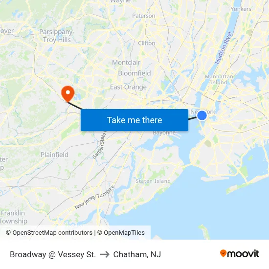 Broadway @ Vessey St. to Chatham, NJ map