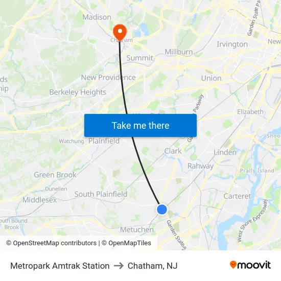 Metropark Amtrak Station to Chatham, NJ map