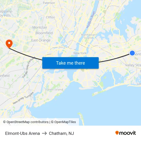 Elmont-Ubs Arena to Chatham, NJ map
