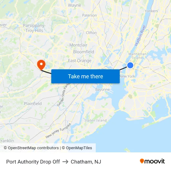 Port Authority Drop Off to Chatham, NJ map