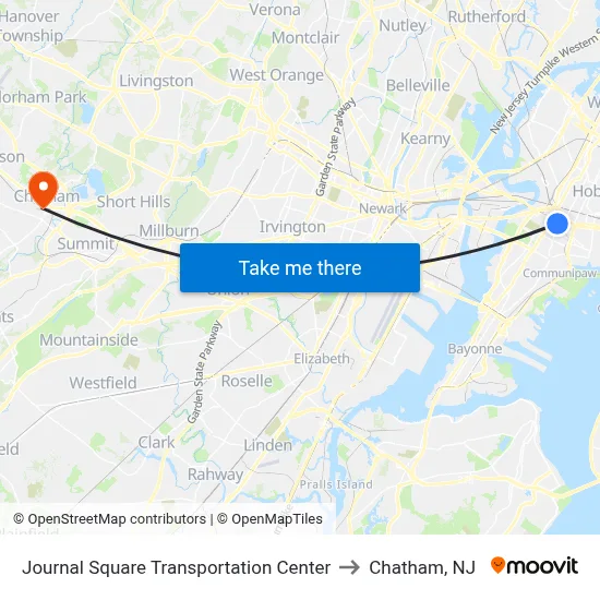 Journal Square Transportation Center to Chatham, NJ map