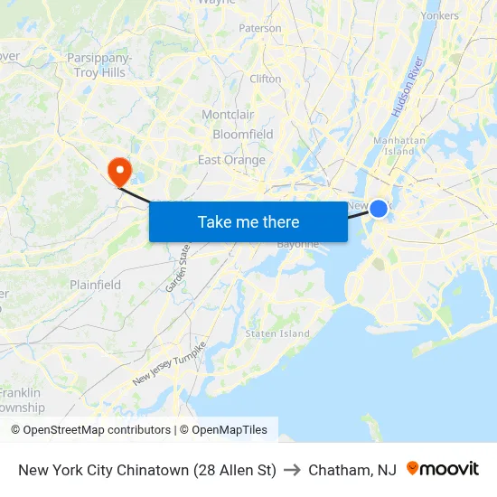New York City Chinatown (28 Allen St) to Chatham, NJ map