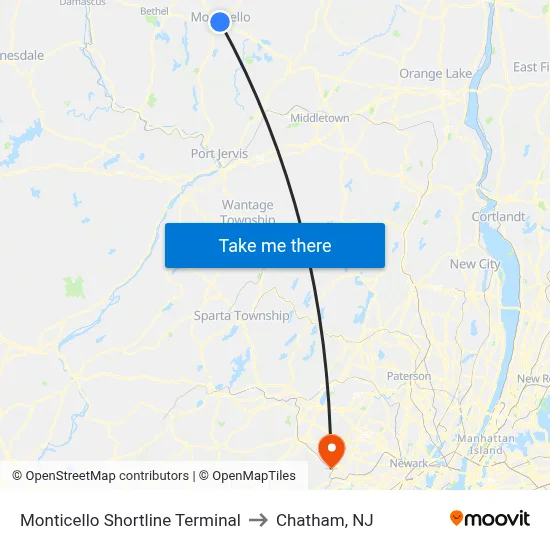 Monticello Shortline Terminal to Chatham, NJ map