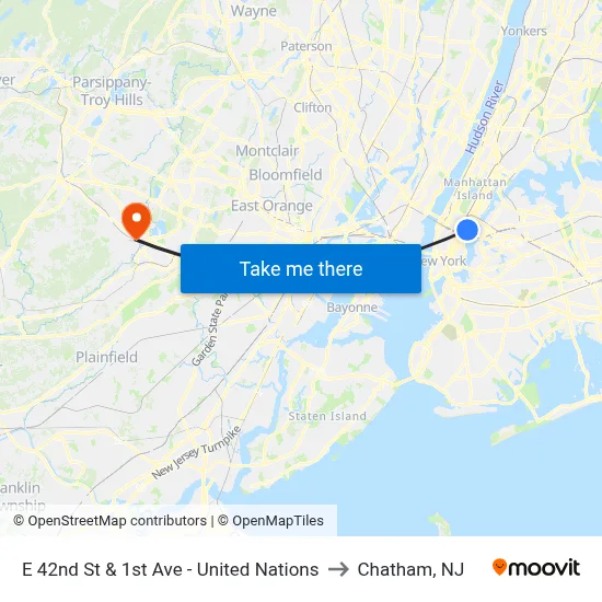 E 42nd St & 1st Ave - United Nations to Chatham, NJ map